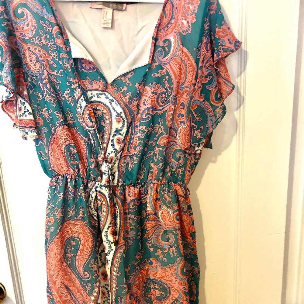 Pink and blue and white printed mini dress